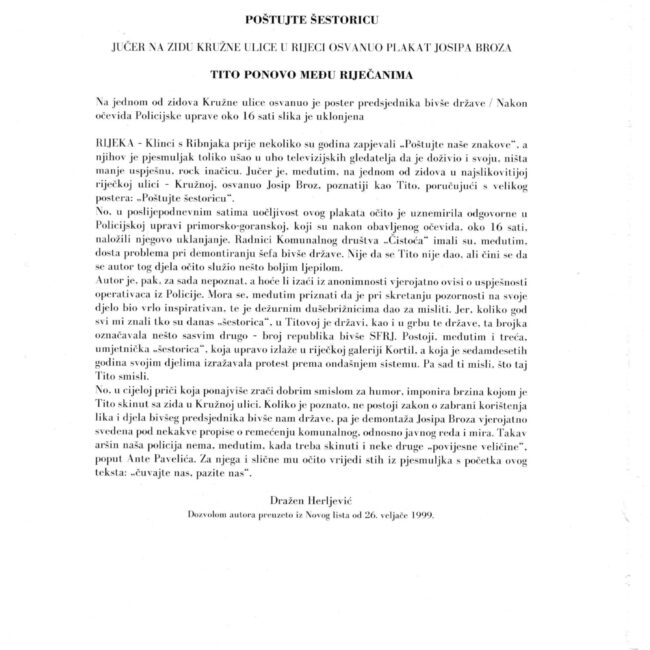 Damir Čarli Čagonja – Tito – Poštujte šestoricu, Akcija, Rijeka, 1999.