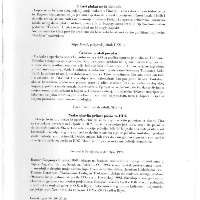 Damir Čarli Čagonja – Tito – Poštujte šestoricu, Akcija, Rijeka, 1999.