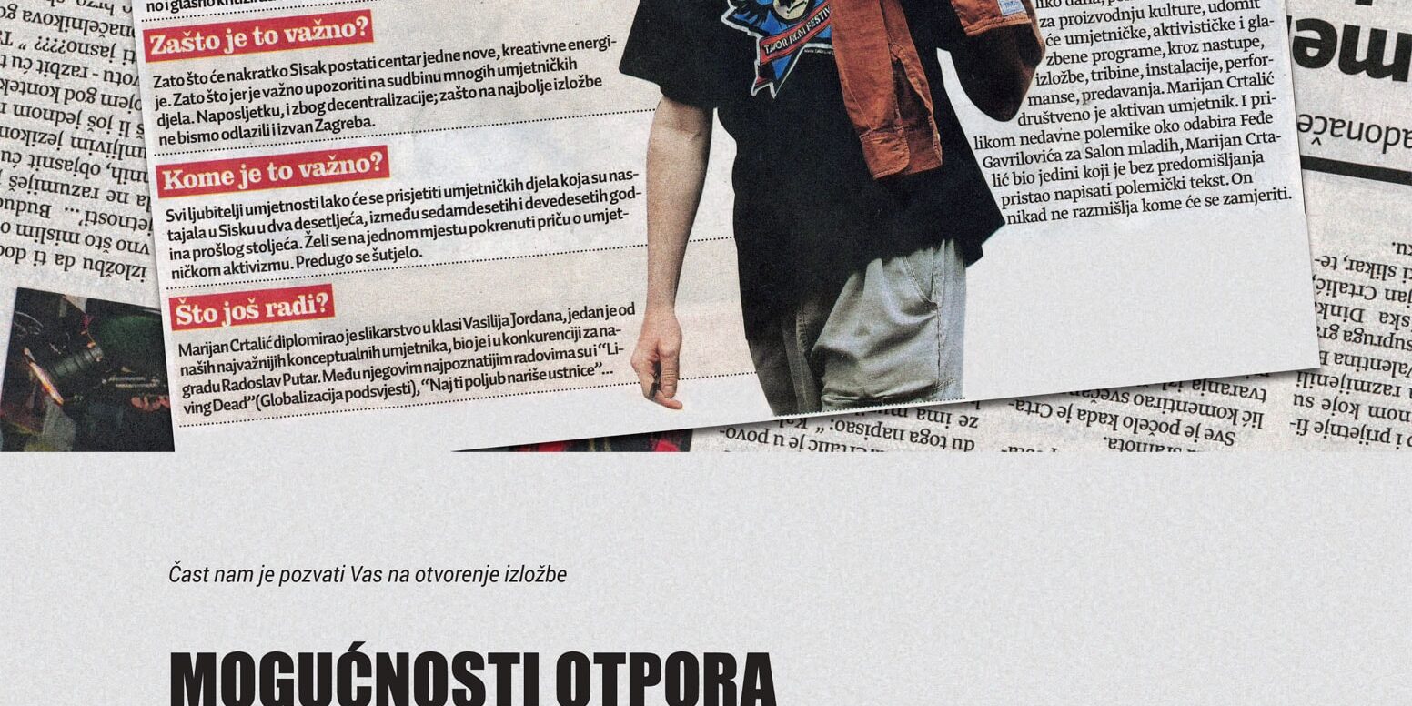 Marijan Crtalić: pozivnica za izložbu Mogućnosti otpora. Galerija moderne i suvremene umjetnosti Centra za kulturu Vela Luka, 2014.